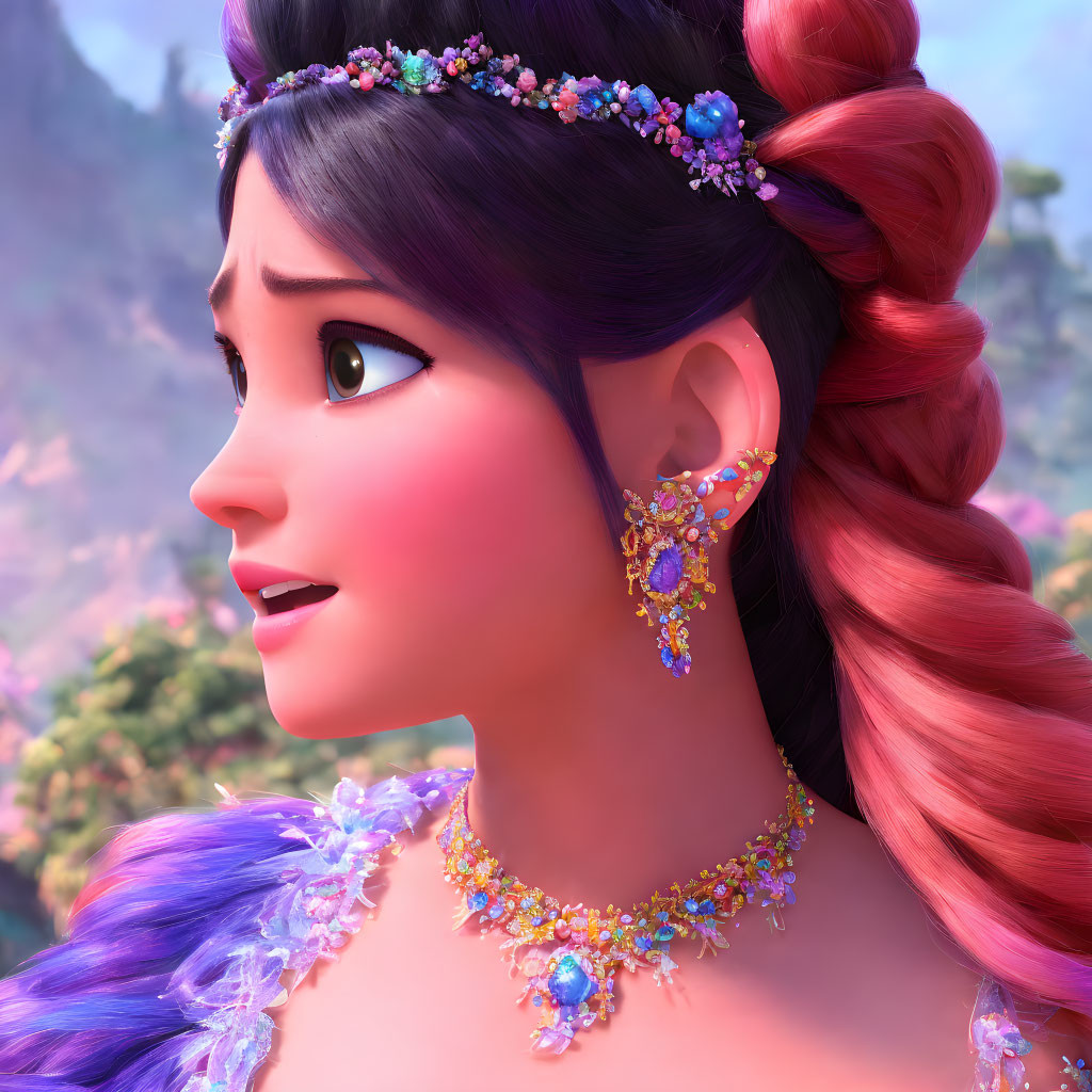 3D animated female character with large braid and jeweled accessories on floral backdrop