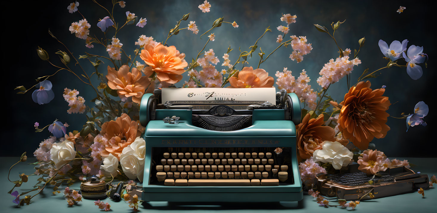 Vintage Teal Typewriter with Colorful Flowers on Dark Background