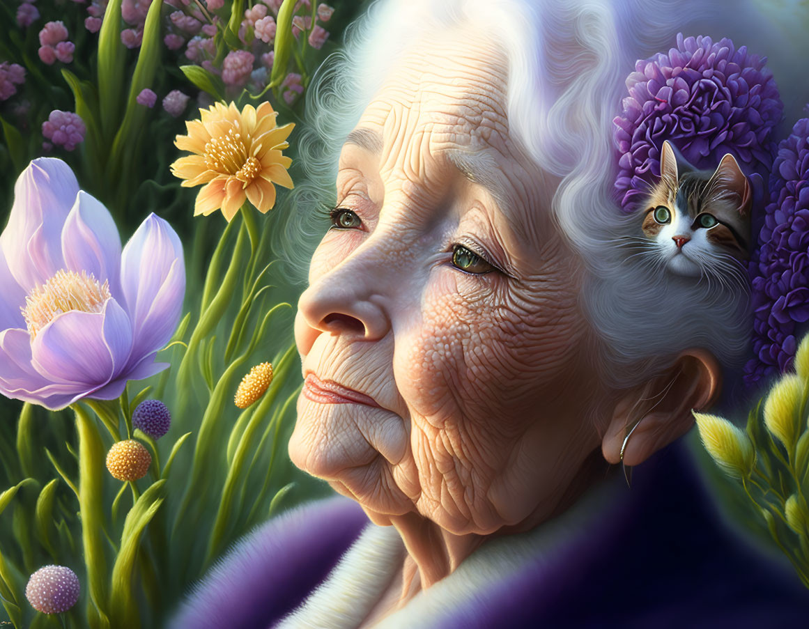 Elderly Woman with Serene Expression and Cat Among Vibrant Flowers