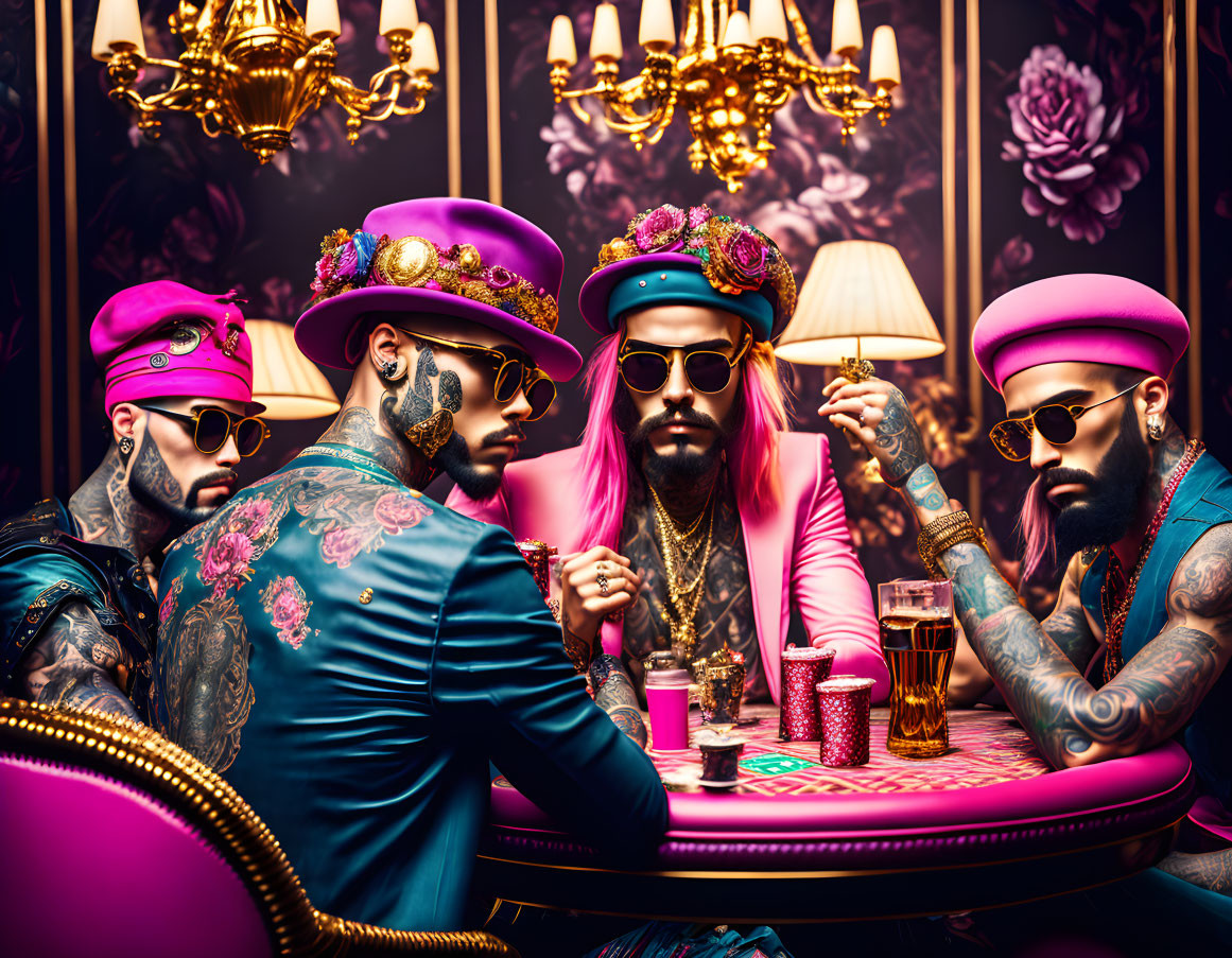 Four tattooed men in vibrant pink and blue suits at a round table in a luxurious room