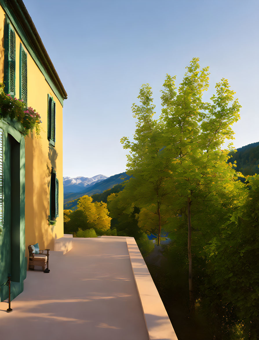 Pastel-Yellow House with Green Shutters and Mountain View at Sunset