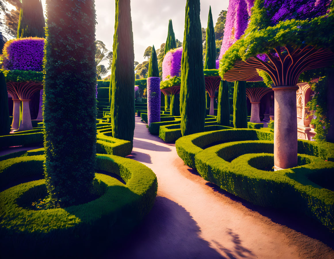 Manicured green hedges and vibrant purple flowers in a sunny garden