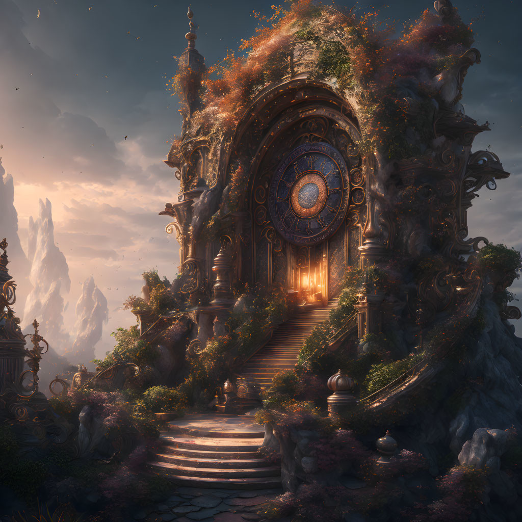 Mystical doorway surrounded by lush foliage and ruins amid mountain backdrop