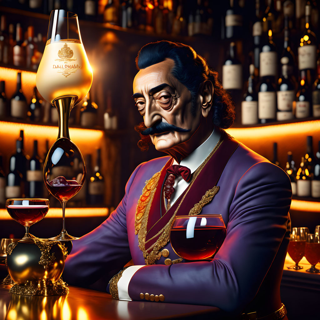 Sophisticated man in red suit with brandy and bar backdrop