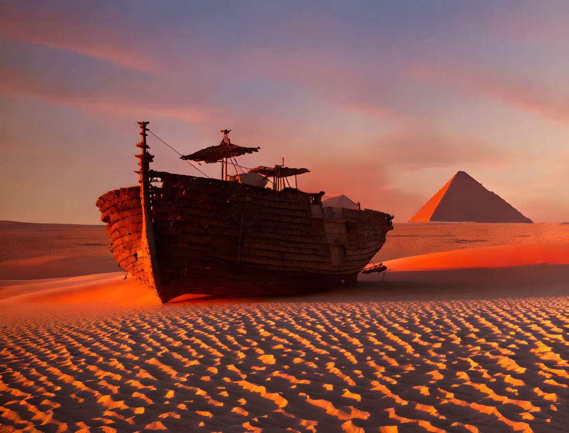 Ancient shipwreck in desert with pyramids at sunset