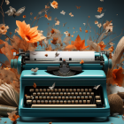 Vintage Teal Typewriter with Colorful Flowers on Dark Background