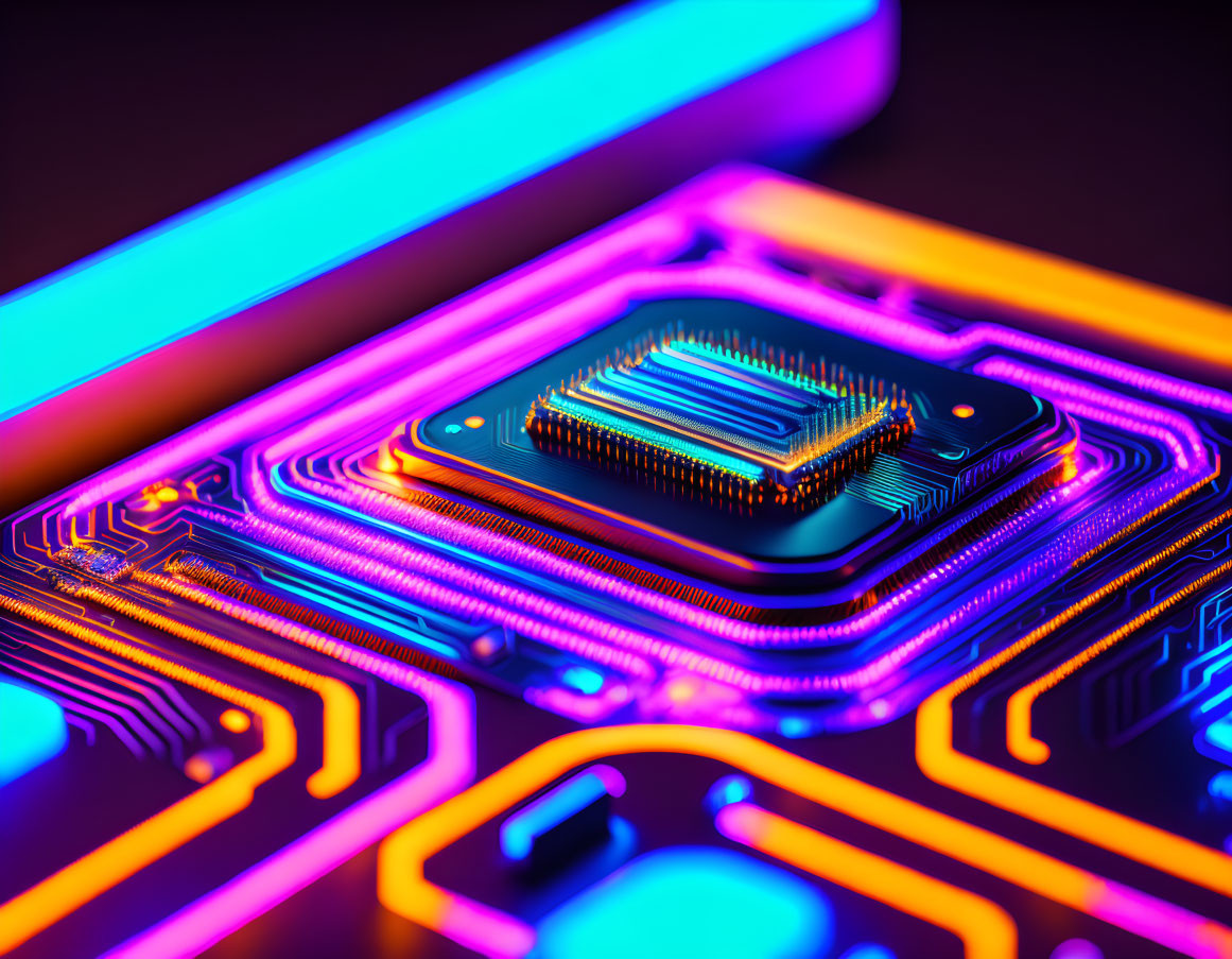 Vibrant illuminated microchip with intricate patterns on dark background