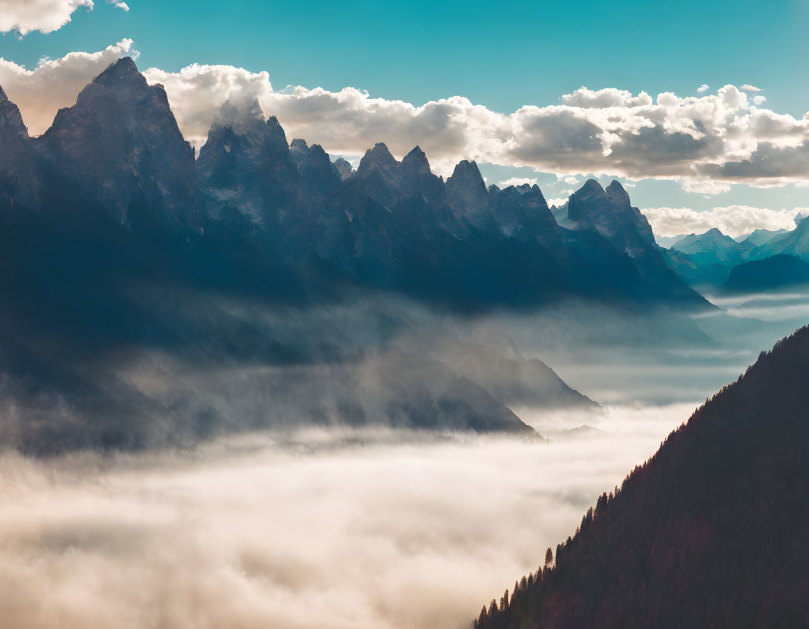 Sunrise illuminates mountain peaks above clouds with mist layers.