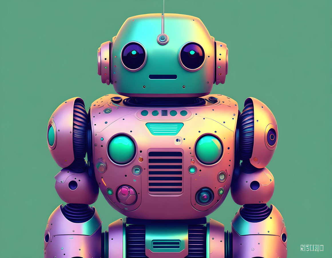 Colorful stylized robot with round head and large eyes on soft green backdrop