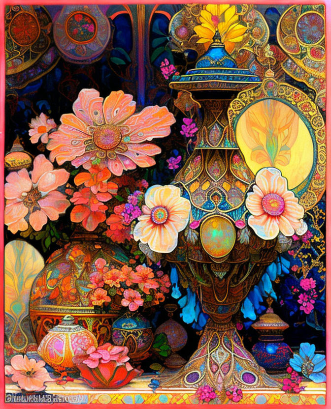 Colorful Still Life Illustration with Vases and Flowers on Dark Background