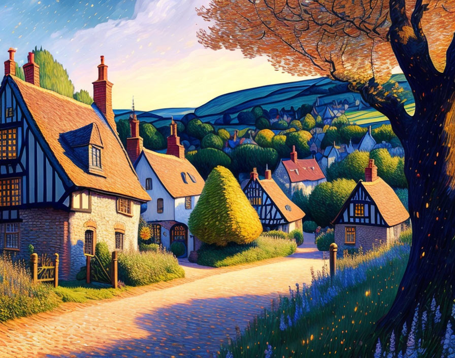 Tudor-style houses in quaint village at sunset