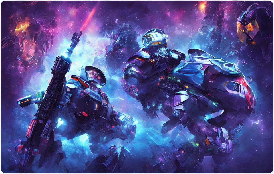 Vibrant cosmic battle with futuristic armored space warriors