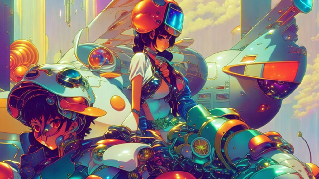 Futuristic anime-style illustration with robotic frog and neon colors