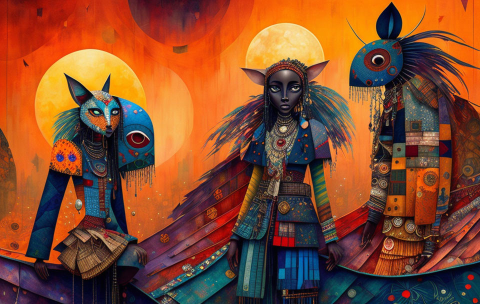 Colorful Tribal Attire on Stylized Characters with Animalistic Features