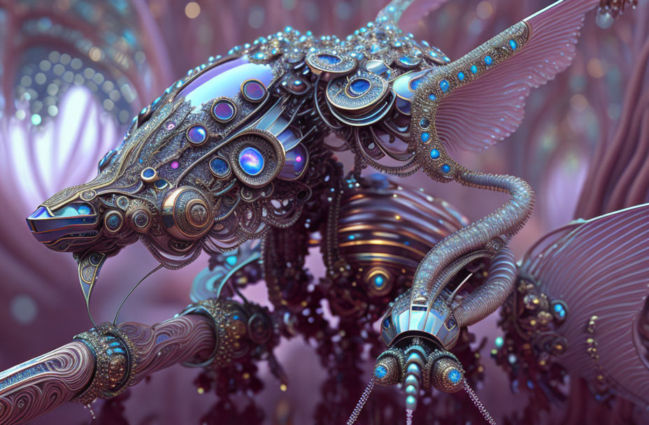 Detailed Metallic Squid Sculpture on Pink Abstract Background