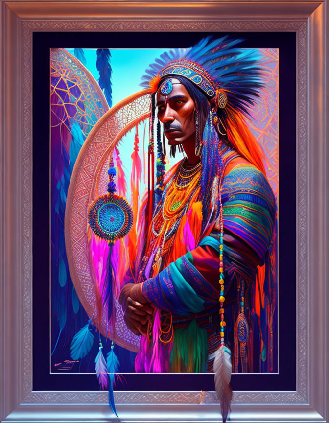 Colorful Native American illustration with dreamcatcher on purple backdrop in elegant frame