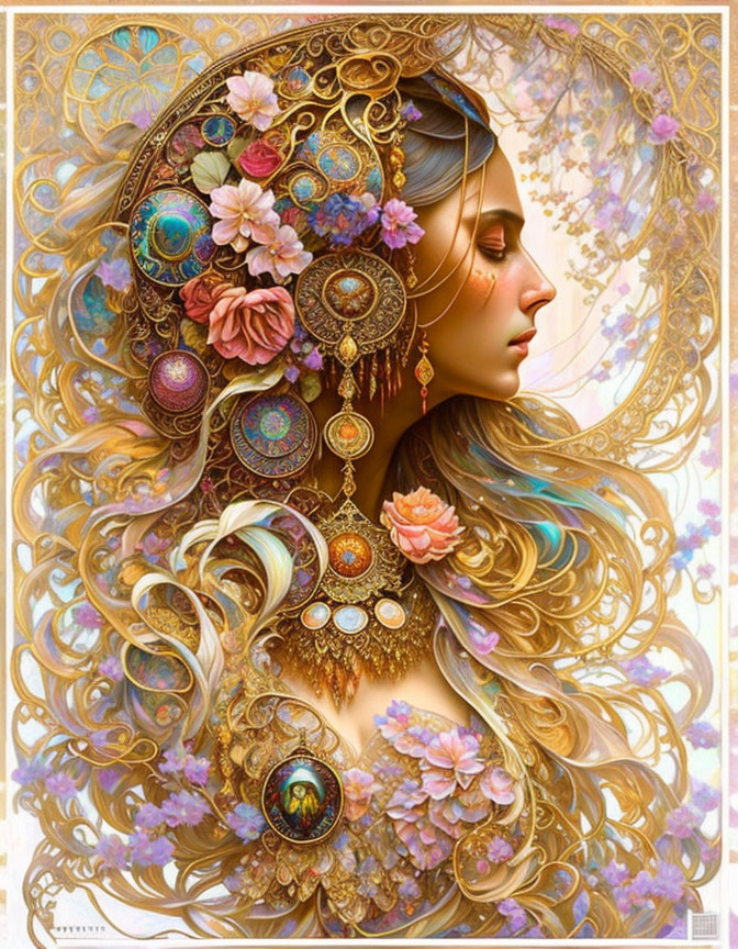 Detailed illustration of woman with gold jewelry and flowers on pastel backdrop