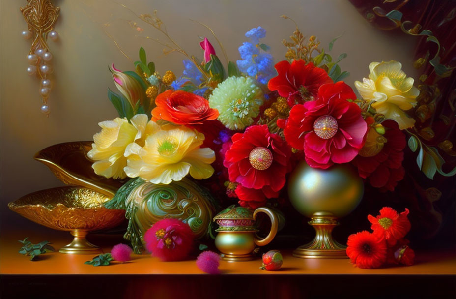 Colorful still life painting with flowers and golden vases on polished surface