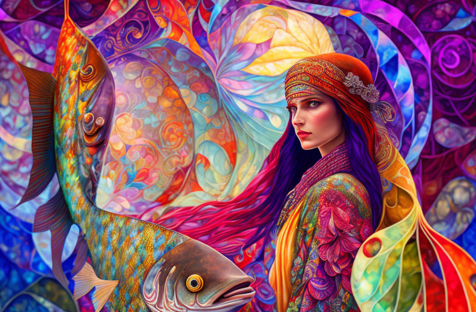 Colorful artwork featuring woman with red hair and fish on psychedelic background