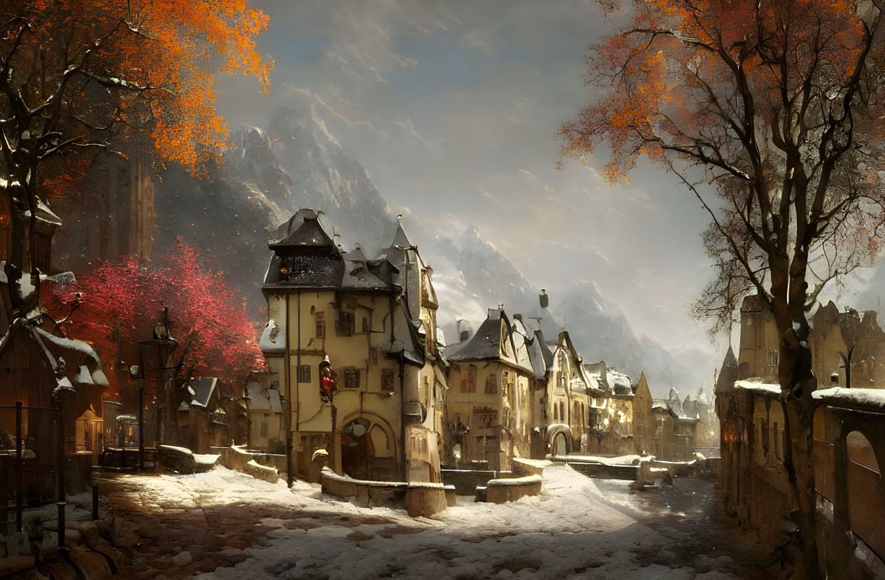 Snow-covered medieval village with autumn trees and mountains