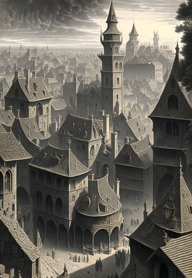 Detailed Medieval Cityscape Illustration with Gothic Architecture