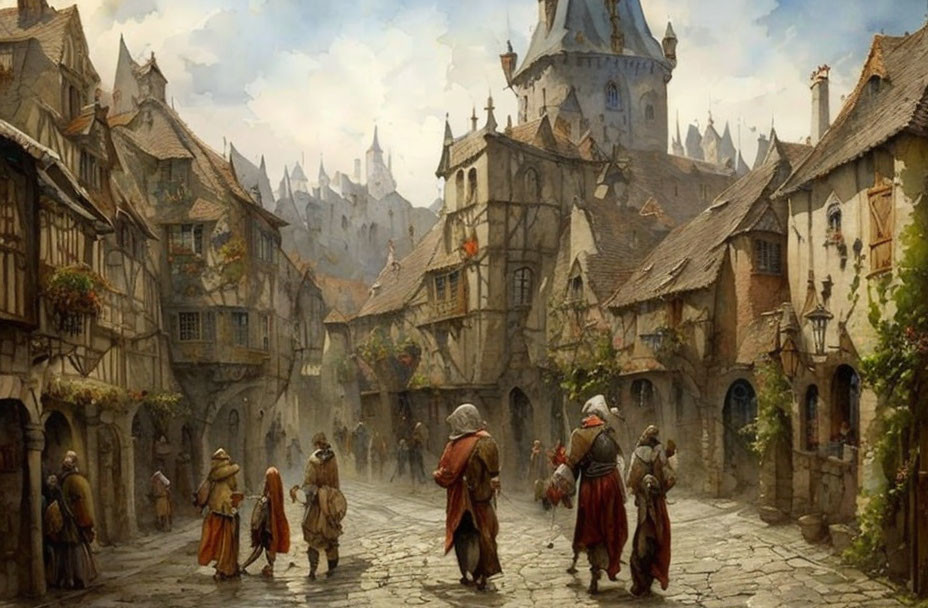 Medieval street scene with townsfolk in period attire and historic buildings