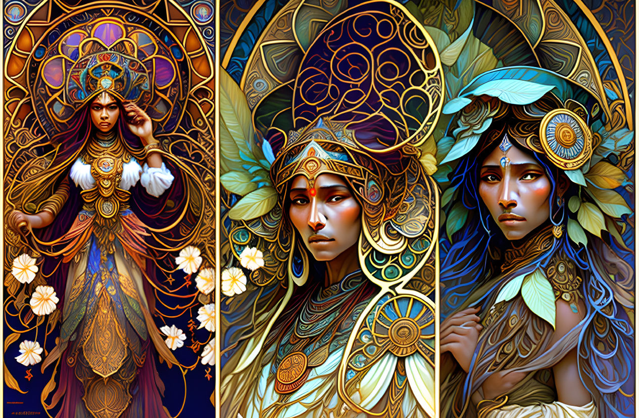 Stylized ornate portraits of women with elaborate headpieces in rich blues, golds, and