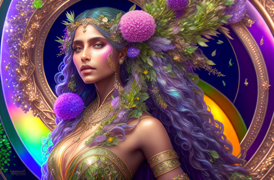 Fantasy portrait: Woman with long purple hair and floral adornments in vibrant circular backdrop