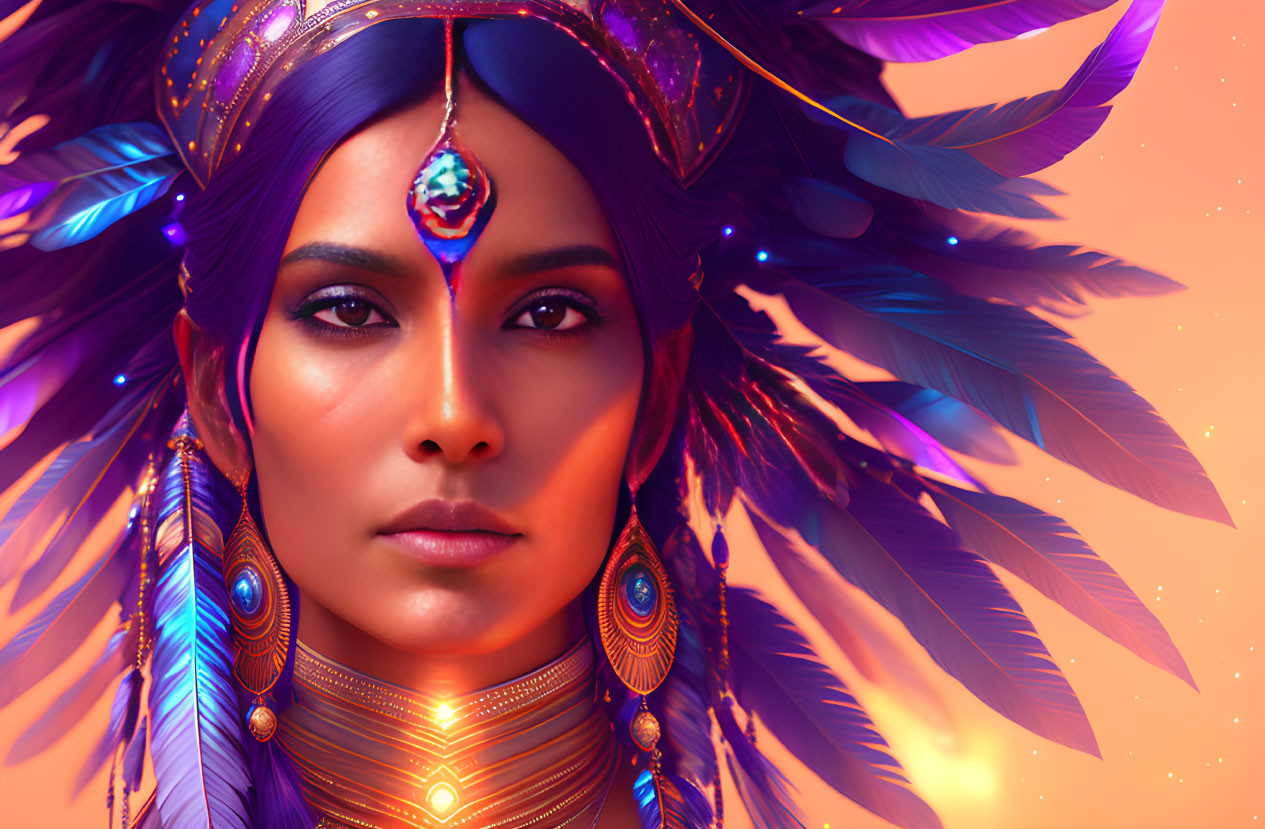 Striking Woman in Feather Headdress and Jewelry on Warm Backdrop