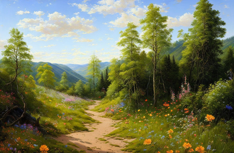 Tranquil landscape: vibrant meadow, rolling hills, tall trees