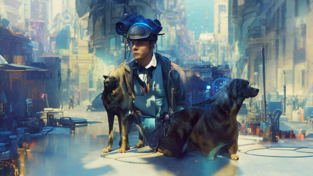 Person with VR goggles and dogs in futuristic cityscape.