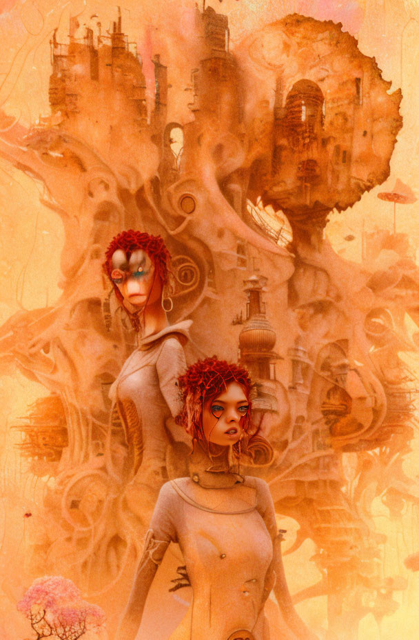 Stylized digital artwork: Red-haired woman with cybernetic eye in steampunk cityscape