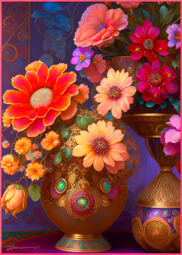 Colorful Flowers in Golden Vases on Purple Background