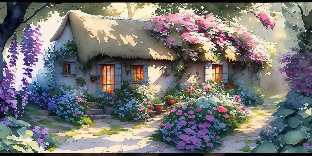 Thatched roof cottage surrounded by flowers and greenery in enchanted garden