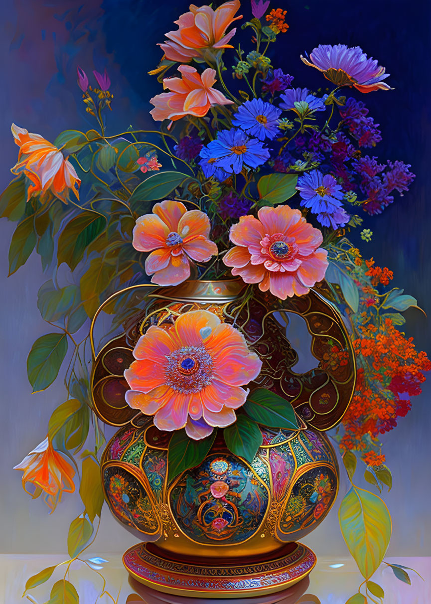 Colorful Flower-filled Vase on Blue Background