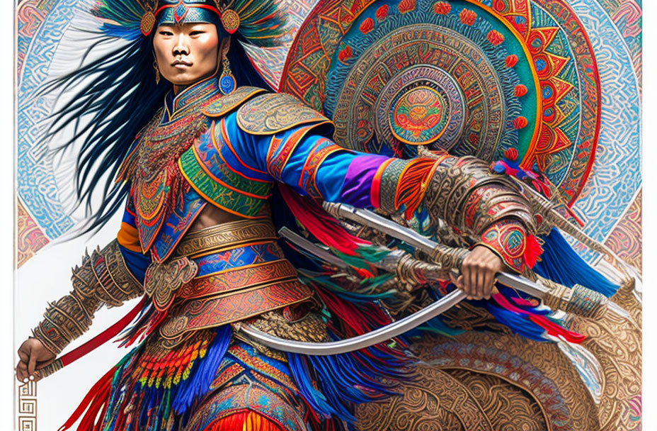 Warrior in Vibrant Traditional Armor with Sword on Patterned Backdrop