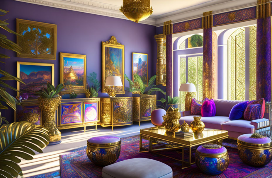 Luxurious Purple Room with Gold-Trimmed Furniture and Arched Windows