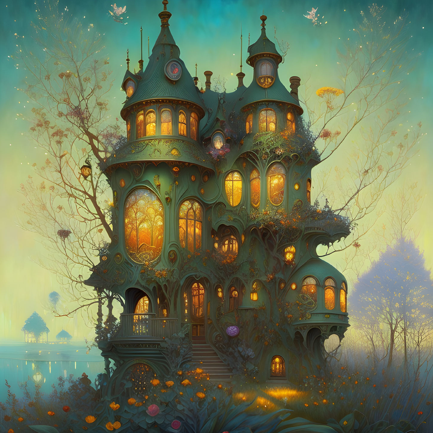 Whimsical treehouse in magical forest at twilight