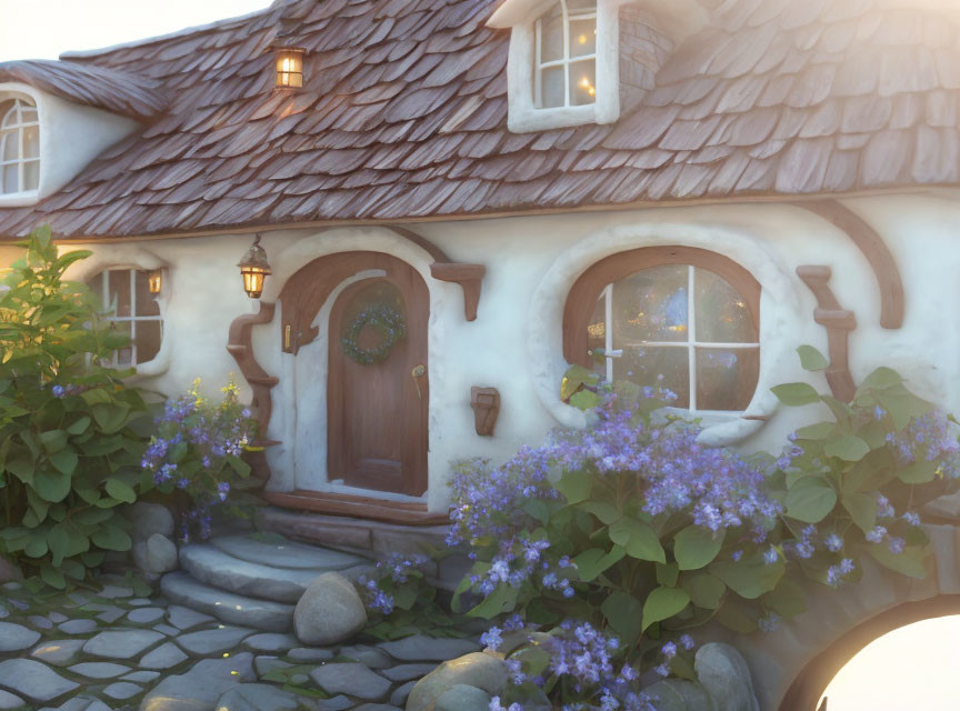 Thatched Roof Cottage with Round Windows and Purple Flowers