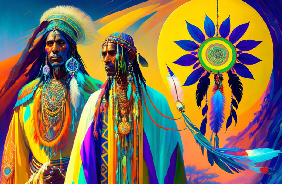 Vibrant Native American figures with dreamcatcher and sunset backdrop