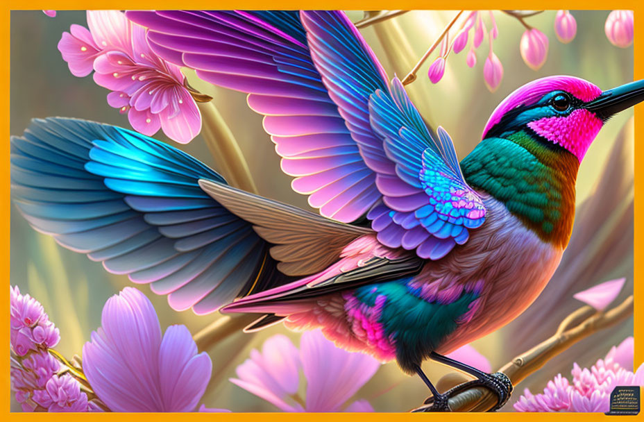 Colorful Hummingbird Artwork with Flowers and Golden Stems