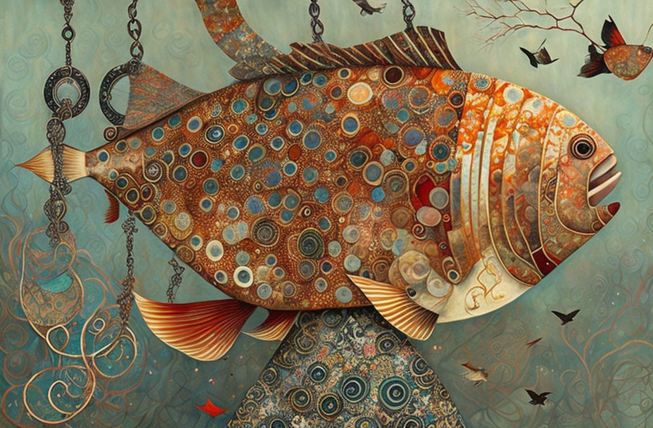 Intricate surreal fish art with birds and whimsical elements