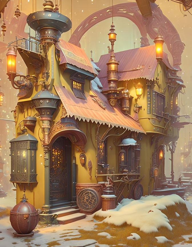 Fantasy steampunk building with ornate metalwork and whimsical architecture