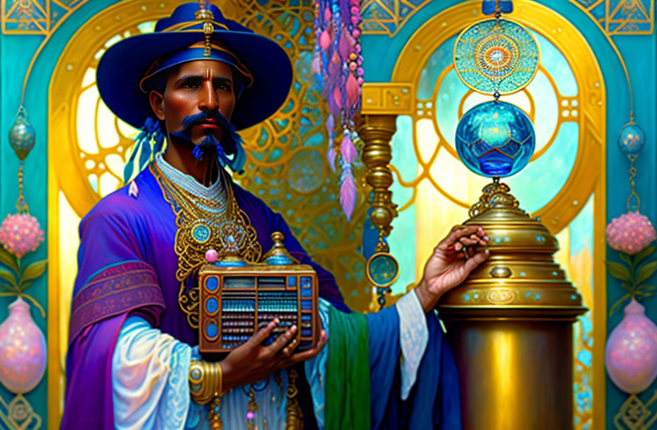 Traditional blue and gold attire with jewelry and mysterious device against arabesque backdrop