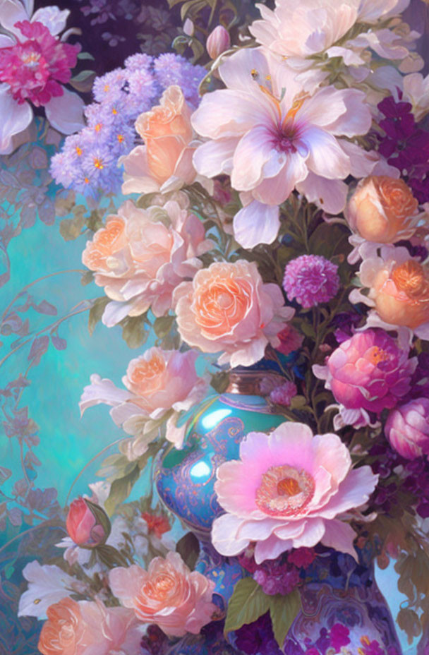 Vibrant pink and purple flowers in glossy blue vase on dreamy background