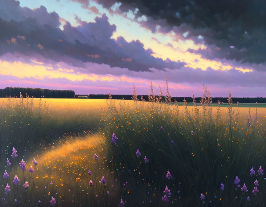 Tranquil field with tall grass and purple flowers under dramatic sunset sky