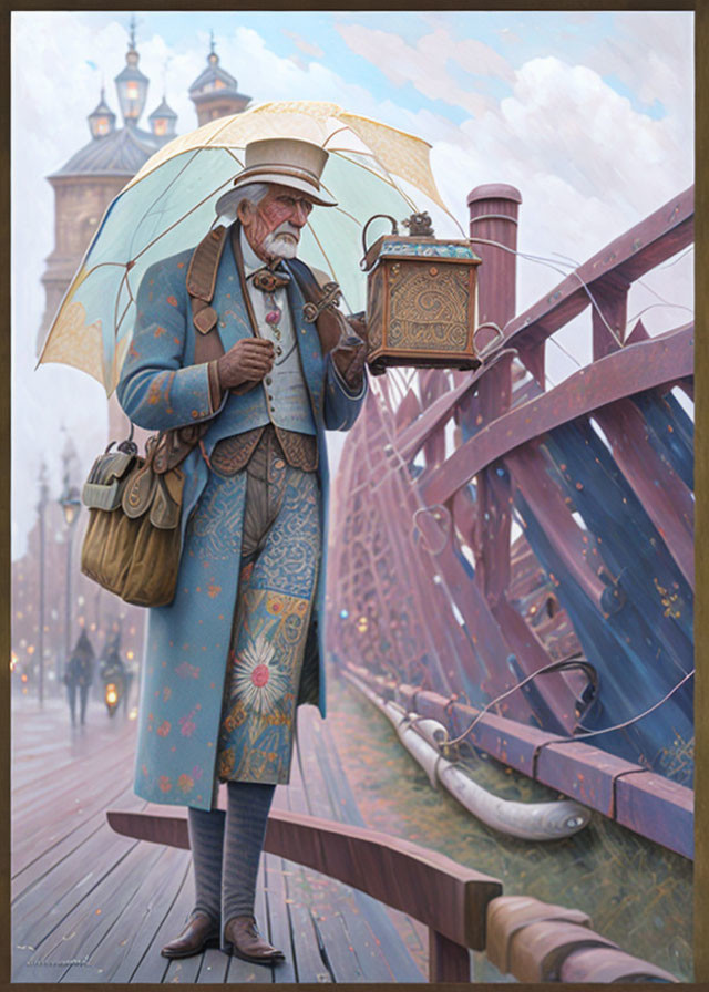 Elderly gentleman with white beard and umbrella on bridge in patterned suit