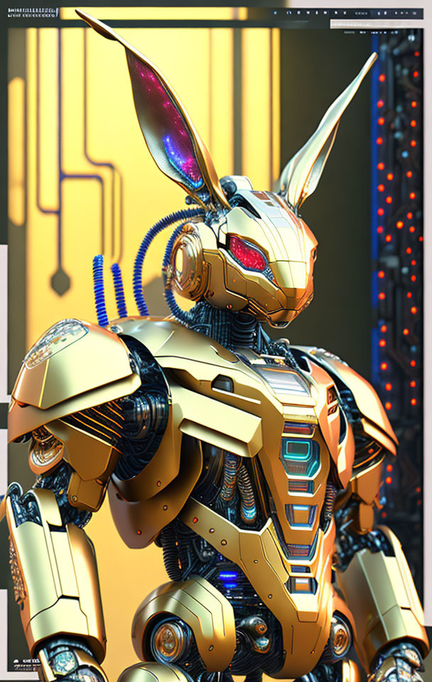 Metallic Robotic Hare with Illuminated Ears on Circuit Background