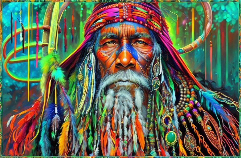 Colorful Native American elder portrait in traditional attire against mystical forest.