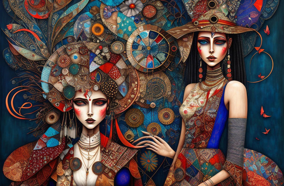 Stylized women in intricate attire against dark-blue background